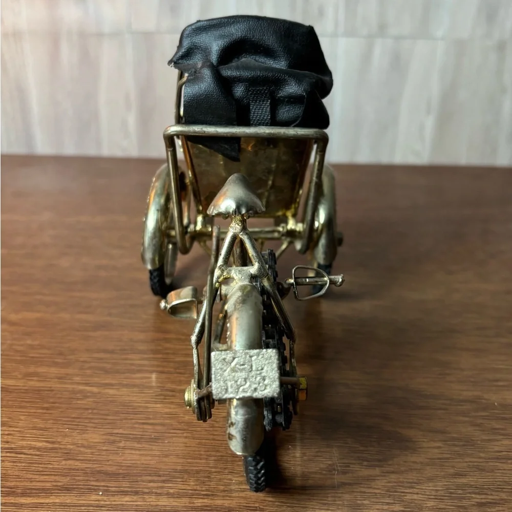 Brass-Tone Mini Rickshaw Tricycle Black Seat Faux Leather Canopy Vietnam Vintage